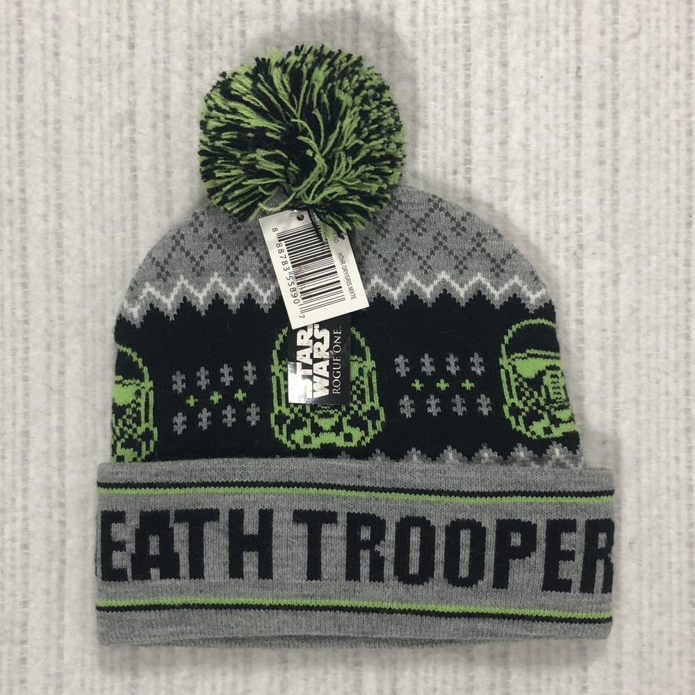 Star Wars Rogue One Death Trooper Beanie Neon Green Gray Black Pom Knit Hat NWT